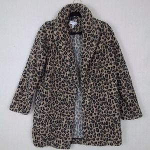 Calvin Klein Open Front Plush Sherpa Fleece Jacket‎ Size Small w/ Leopard Print